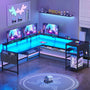 Sikaic Gaming Desk L Shaped Reversible LED Gaming Desk with Power Outlets Strip Monitor Shelf Keyboard Tray Pegboard and Storage Shelves Black