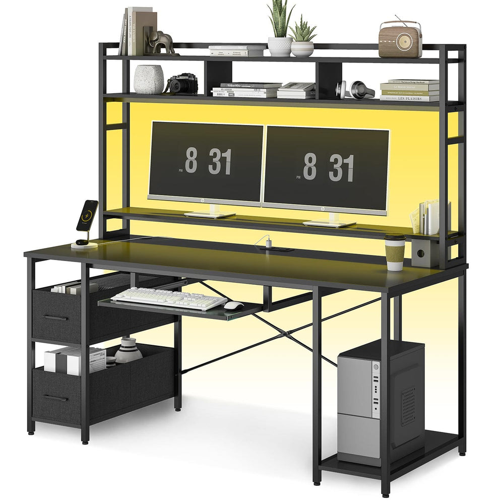 Sikaic Gaming Desk 55 Inches LED Gaming Desk with Storage Shelves Black Black / Modern