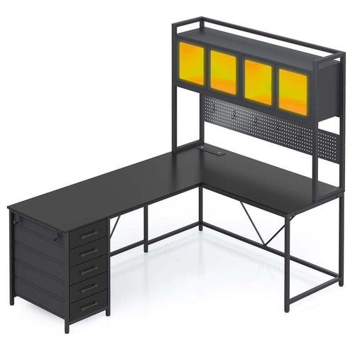 Sikaic Gaming Desk 62 Inches LED Reversible L Shaped Gaming Desk Black Black / Modern