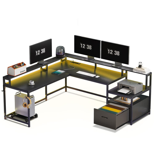 Sikaic Gaming Desk 66 Inches L Shaped Corner 2 Person Gaming Desk Black Black / Modern