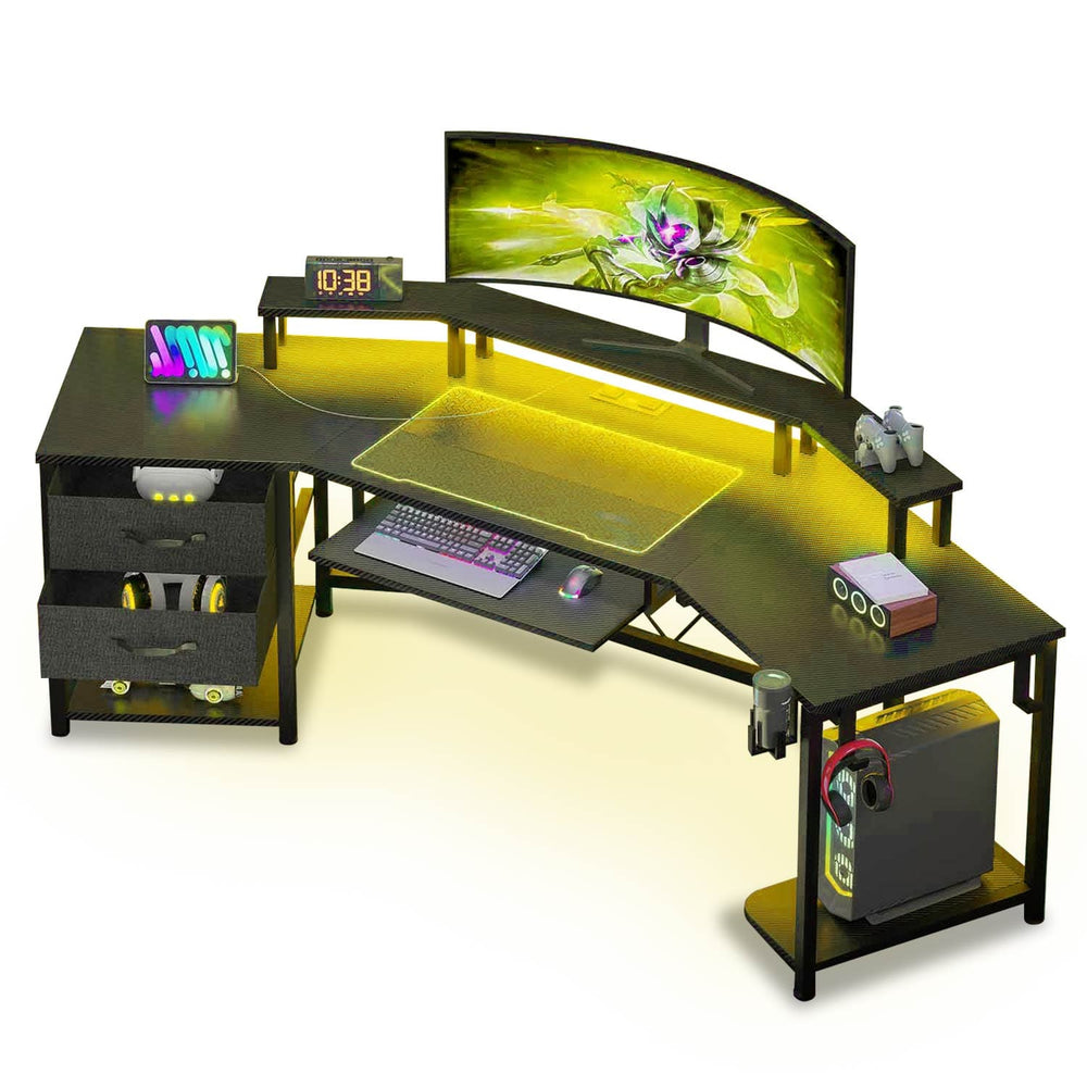 Sikaic Gaming Desk 79 Inches Wing Shaped LED Gaming Desk with 2 Drawers Black Black / Modern