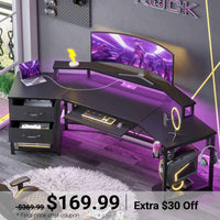 Sikaic Gaming Desk 79 Inches Wing Shaped LED Gaming Desk with 2 Fabric Drawers Storage Shelf Black Black / Modern