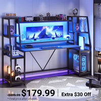 Sikaic Gaming Desk 78.8 Inches Large PC Gamer Ergonomic Gaming Desk with LED Lights Hutch  Black Black / Modern / Alloy Steel