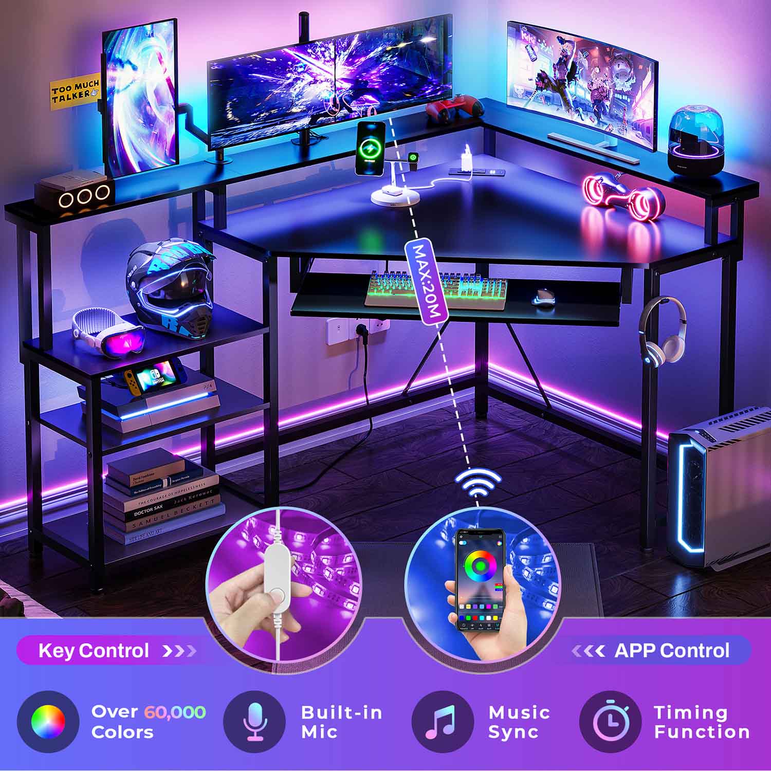 Corner Gaming Desk with Power Outlets LED Lights Storage Black