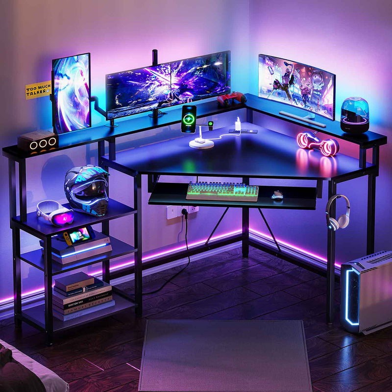 Sikaic Gaming Desk Corner Gaming Desk with Power Outlets LED Lights Storage Black