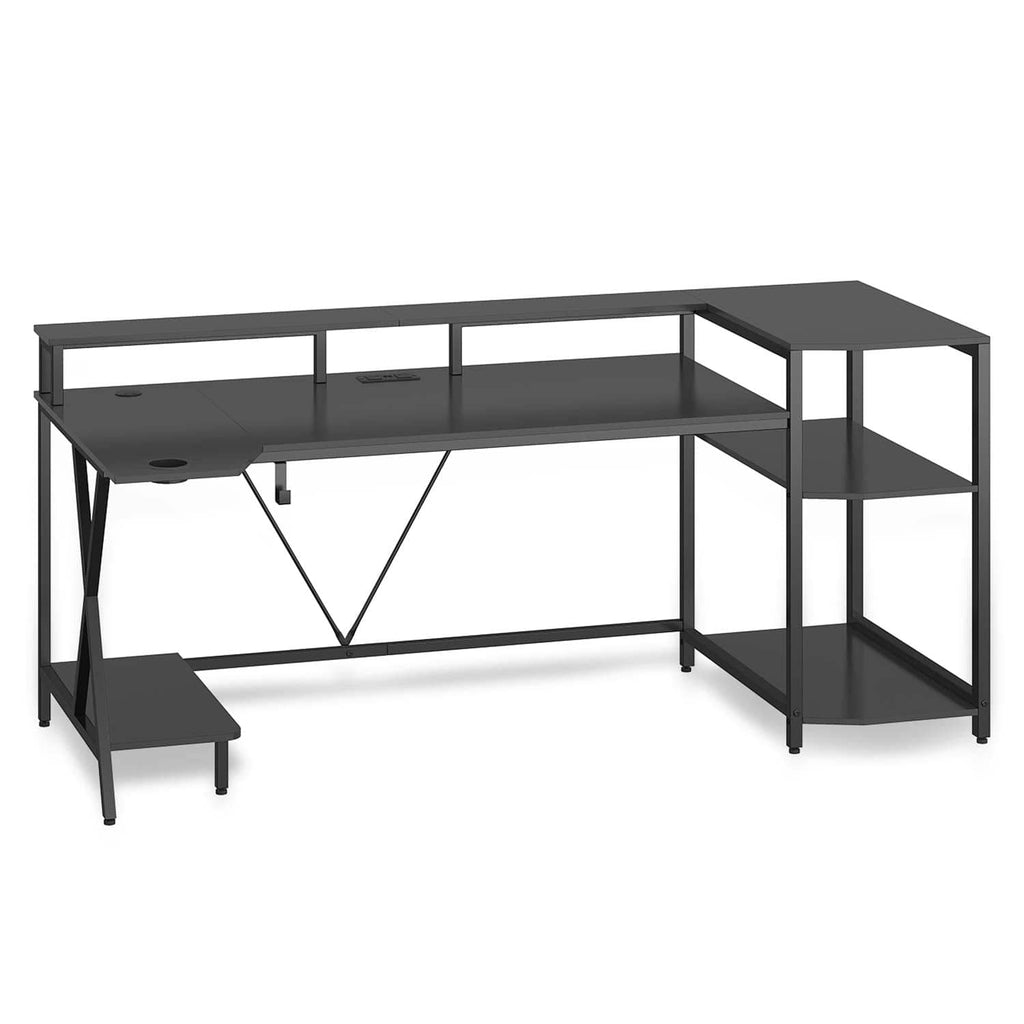 70.8 Inches Large LED Gaming Desk with Storage Shelves Black