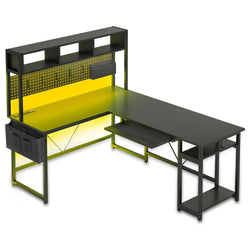 Sikaic Gaming Desk L Shaped Reversible LED Gaming Desk with Power Outlets Black Black / Modern