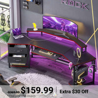 Sikaic Gaming Desk 79 Inches Wing Shaped LED Gaming Desk with 2 Fabric Drawers Storage Shelf Black&Red Black&Red / Modern