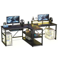 Sikaic Gaming Desk 94.5 Inches T Shaped 2 Person Gaming Desk with Storage Black Black / Wood / Industrial
