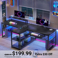 Sikaic Gaming Desk Sikaic 94.5 Inches T Shaped 2 Person Modern Gaming Desk Computer Furniture with Storage LED Lights Black Black / Wood / Industrial