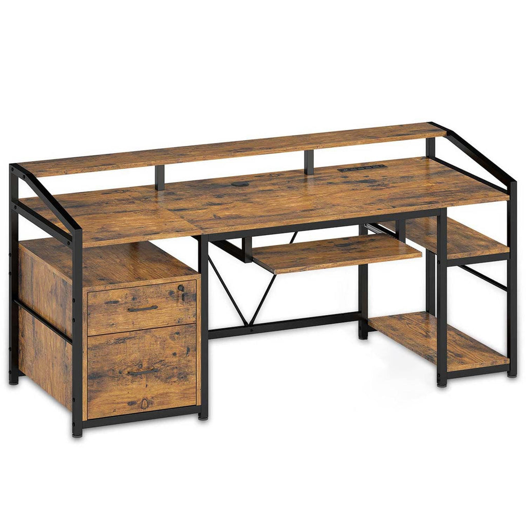 63 Inches LED Gaming Desk with Drawers Rustic Brown | Sikaic