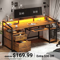 Sikaic Gaming Desk 63 Inches Gaming Desk with LED Light Drawers Rustic Brown Brown / Alloy Steel / Modern