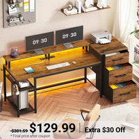 Sikaic Gaming Desk 59 Inches Reversible Gaming Desk with LED Lights & Power Outlet File Drawers and Storage Rustic Brown Brown / Engineered Wood