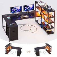 Sikaic Gaming Desk 64.5 inches Reversible L Shaped Desk with Storage Shelves  U Shaped Gaming Desk with 3 Drawers Power Outlet & LED Strip Black
