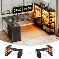 Sikaic Gaming Desk 64.5 inches Reversible L Shaped Desk with Storage Shelves  U Shaped Gaming Desk with 3 Drawers Power Outlet & LED Strip Black