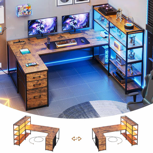 Sikaic Gaming Desk 64.5 inches Reversible L Shaped Desk with Storage Shelves U Shaped Gaming Desk with 3 Drawers Power Outlet & LED Strip Brown Brown / Engineered Wood / ‎Industrial