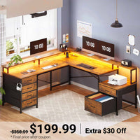 Sikaic Gaming Desk 108 Inches L Shaped  Led Lights Two Person Gaming Desk with 6 Drawers File Drawer & Power Outlet Monitor Shelf File Cabinet Rustic Brown Brown / Engineered Wood / Modern