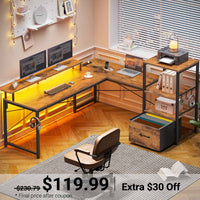 Sikaic Gaming Desk 51 Inches Reversible LED Lights L Shaped Gaming Desk with Power Outlets & Fabric File Drawer Monitor Stand and Hooks Rustic Brown Brown / Engineered Wood / Modern