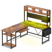 Sikaic Gaming Desk 57.5 Inches Reversible L Shaped Gaming Desk with LED Lights and Power Outlet Rustic Brown Brown / Engineered Wood / Modern