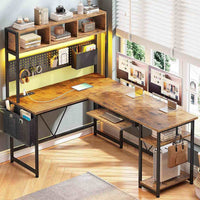 Sikaic Gaming Desk 57.5 Inches Reversible L Shaped Gaming Desk with LED Lights and Power Outlet Rustic Brown Brown / Engineered Wood / Modern