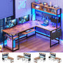 Sikaic Gaming Desk 57.5 Inches Reversible L Shaped Gaming Desk with LED Lights and Power Outlet Rustic Brown Brown / Engineered Wood / Modern