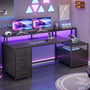 Sikaic Gaming Desk 66 inches LED Gaming Desk with File Drawer Power Outlet  Printer Cabinet and Monitor Shelf Black