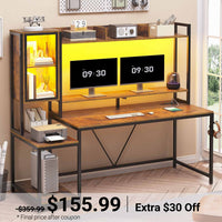 Sikaic Gaming Desk Led Gaming Desk with Power Outlets and Glass Display Cabinet Monitor Stand Hooks CPU Stand Brown Brown / Engineered Wood / Modern