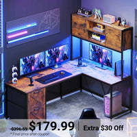 Sikaic Gaming Desk LED lights L Shaped Gaming Desk with Fabric File Drawers and Power Outlet Hutch & Storage Shelves Rustic Brown Brown / Engineered Wood / Modern