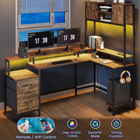 Sikaic Gaming Desk Reversible L-Shaped Led Gaming Desk With Power Outlets and Monitor Stand & 2 Drawers Brown Brown / Engineered Wood / Modern