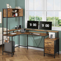 Sikaic Gaming Desk Reversible L-Shaped Led Gaming Desk With Power Outlets and Monitor Stand & 2 Drawers Brown Brown / Engineered Wood / Modern