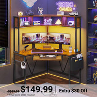 Sikaic Gaming Desk Triangle Corner Small LED Computer Desk with Hutch Keyboard Tray Storage Bag and Headphone Hook Brown Brown / Engineered Wood / Modern