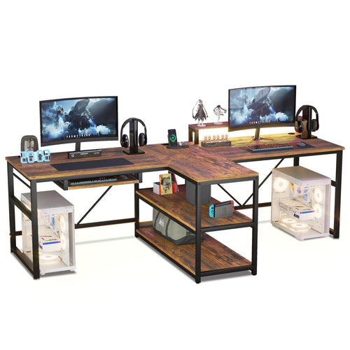 Sikaic Gaming Desk 94.5 Inches T Shaped 2 Person Gaming Desk with Storage Brown Brown / Engineered Wood / Rustic