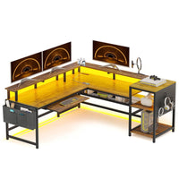 Sikaic Gaming Desk L Shaped Reversible LED Gaming Desk with Power Outlets Brown Brown / Industrial