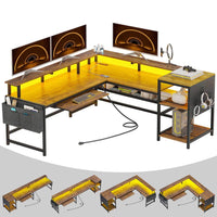 Sikaic Gaming Desk L Shaped Reversible LED Gaming Desk with Power Outlets Strip Monitor Shelf Keyboard Tray Pegboard and Storage Shelves Brown
