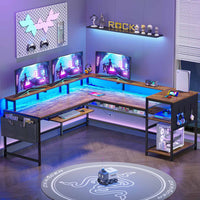 Sikaic Gaming Desk L Shaped Reversible LED Gaming Desk with Power Outlets Strip Monitor Shelf Keyboard Tray Pegboard and Storage Shelves Brown