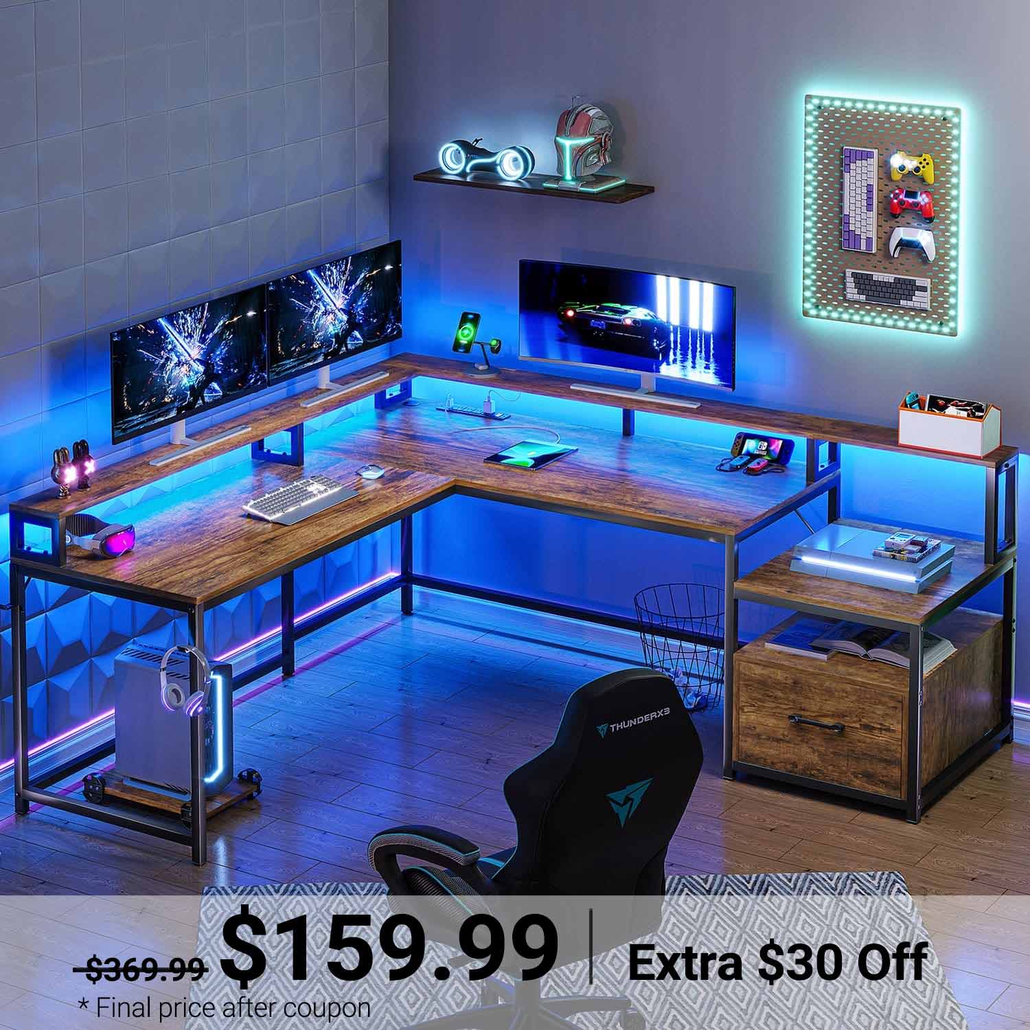 Sikaic 66 Inches L Shaped Two Person Gaming Desk Brown