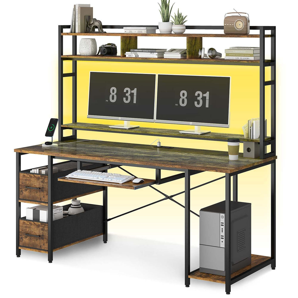 Sikaic Gaming Desk 55 Inches LED Gaming Desk with Storage Shelves Brown Brown / Modern / Engineered Wood