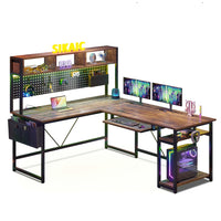 Sikaic Gaming Desk L Shaped Reversible Gaming Desk With LED Lights Rustic Brown Brown / Retro
