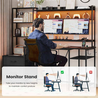 Sikaic Gaming Desk 65 Inches Reversible LED Light Gaming Desk with Hutch Power Outlets  Monitor Stand 2 Drawers 4 Shelves Pegboard 8 Hooks Mouse Pad Carbon Fiber Black