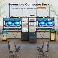 Sikaic Gaming Desk 65 Inches Reversible LED Light Gaming Desk with Hutch Power Outlets  Monitor Stand 2 Drawers 4 Shelves Pegboard 8 Hooks Mouse Pad Carbon Fiber Black