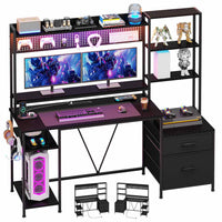 Sikaic Gaming Desk 65 Inches Reversible LED Light Gaming Desk with Hutch Power Outlets  Monitor Stand 2 Drawers 4 Shelves Pegboard 8 Hooks Mouse Pad Carbon Fiber Black