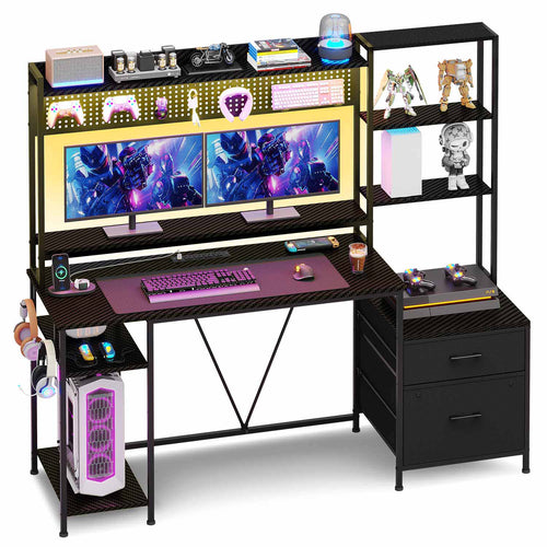 Sikaic Gaming Desk 65in Reversible LED Gaming Desk Black Carbon Fiber Black / Engineered Wood / Modern