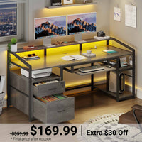 Sikaic Gaming Desk 63 Inches Gaming Desk with LED Light Drawers Grey Grey / Alloy Steel / Modern