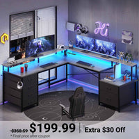 Sikaic Gaming Desk 108 Inches L Shaped  Led Lights Two Person Gaming Desk with 6 Drawers File Drawer & Power Outlet Monitor Shelf File Cabinet Grey Grey / Engineered Wood / Modern