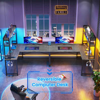 Sikaic Gaming Desk 45.3 inches LED Reversible L Shaped Gaming Desk with Hutch Power Outlet Storage Shelves and Hooks Grey Grey / Engineered Wood / Modern