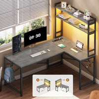 Sikaic Gaming Desk 45.3 inches LED Reversible L Shaped Gaming Desk with Hutch Power Outlet Storage Shelves and Hooks Grey Grey / Engineered Wood / Modern