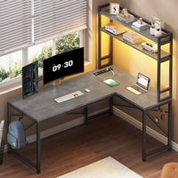 Sikaic Gaming Desk 45.3 inches LED Reversible L Shaped Gaming Desk with Hutch Power Outlet Storage Shelves and Hooks Grey Grey / Engineered Wood / Modern