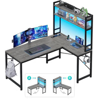 Sikaic Gaming Desk 45.3 inches LED Reversible L Shaped Gaming Desk with Hutch Power Outlet Storage Shelves and Hooks Grey Grey / Engineered Wood / Modern