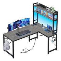 Sikaic Gaming Desk 45.3 inches LED Reversible L Shaped Gaming Desk with Hutch Power Outlet Storage Shelves and Hooks Grey Grey / Engineered Wood / Modern