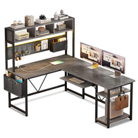 Sikaic Gaming Desk 57.5 Inches Reversible L Shaped Gaming Desk with LED Lights and Power Outlet Grey Grey / Engineered Wood / Modern